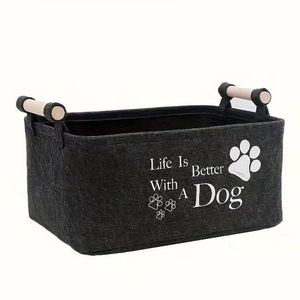 Deep gray felt storage basket with wooden handles and Life Is Better With A Dog print