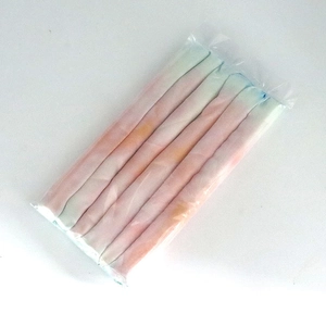 Detail of six-color satin heatless hair curler set in transparent plastic packaging