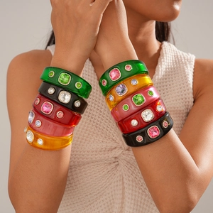 Vintage Geometric Resin Cuff Bracelet With Rhinestone Square Gem Retro Wide Open Bangle Jewelry For Women