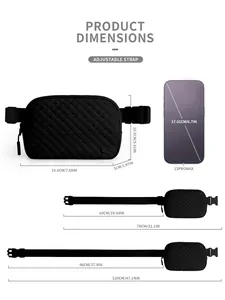 Size chart for the nylon belt bag showing 19.5cm width and adjustable strap lengths