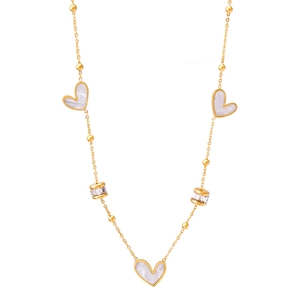 18K rose gold necklace with heart mother of pearl pendants and sparkling zircon cylinders