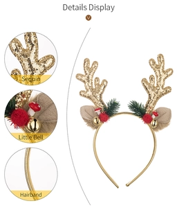 Detail view of gold sequin reindeer antlers hairband with festive bells and pine needles