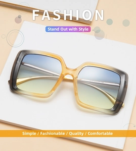 Close-up of oversized square sunglasses with gradient blue to yellow lenses and dual-tone frame