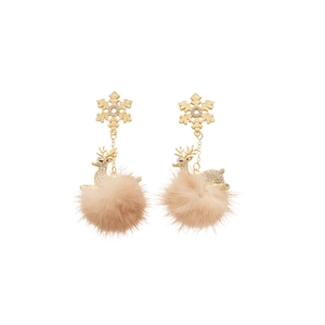 Christmas reindeer and snowflake stud earrings with beige fur balls and rhinestones
