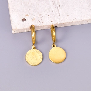 Polished gold titanium steel disc earrings with starburst engraving and mesh pattern