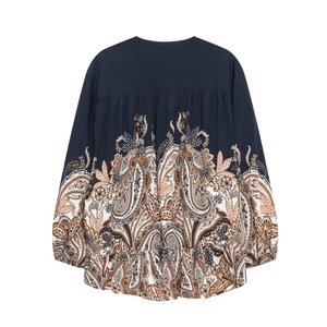Blouse femme ample à manches longues avec imprimé cachemire bohème marine vue de dos