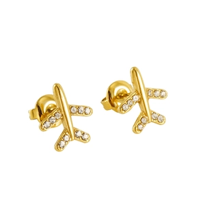 Boucles d'oreilles avion 3D en acier inoxydable doré 18K avec cristaux étincelants