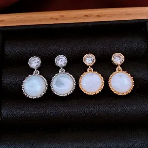 Elegant shell pearl drop earrings with zircon studs in gold and silver plating