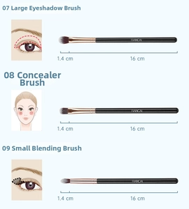 Detail view of 16cm makeup brushes with soft synthetic bristles and black handles