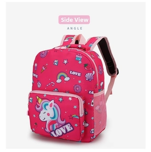 Detail view of pink unicorn backpack for kids with rainbow and donut cartoon prints