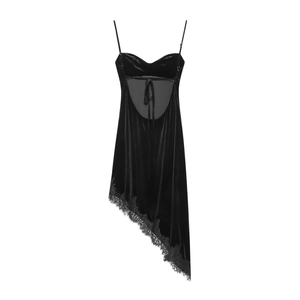 Robe sexy en velours noir avec bordure en dentelle, ourlet asymétrique et dos nu