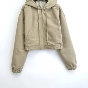 Women's cropped khaki windbreaker jacket with drawstring hood and metal zipper detail