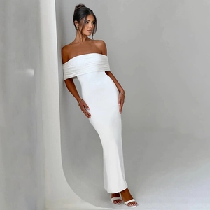 Detail of elegant white off-shoulder ruched bodycon maxi dress with side texture