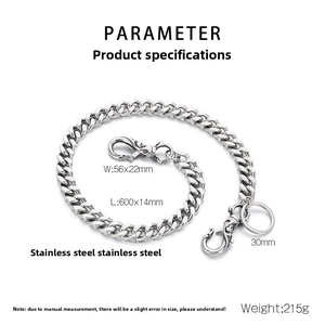 Detailed specs of the heavy 14mm stainless steel Cuban link wallet chain with lobster clasps