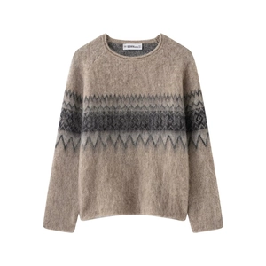 Women Vintage Geometric Pattern Knitted Sweater Loose Fit Crew Neck Long Sleeve Plush Pullover Casual Retro Knitwear