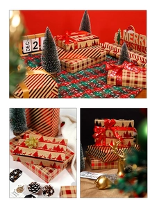 Detail view of festive Christmas gift wrapping paper sets with reindeer and plaid patterns