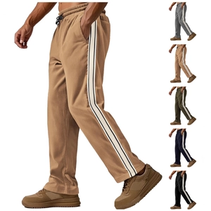 Men Corduroy Sweatpants Side Stripes Drawstring Elastic Waist Loose Fit Straight Leg Casual Sports Joggers Trousers