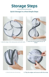 Instructional view showing the four-step folding process of the mesh drying basket
