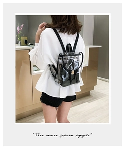 Back view of transparent PVC backpack with black inner pouch and metal twist lock detail