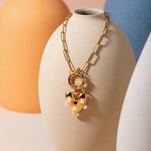 Stainless Steel 18K Gold Plated Heart Artificial Pearl Pendant Bracelet Necklace Earrings French Retro Trendy Jewelry For Women
