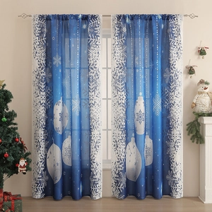 Blue gradient blackout Christmas curtains with snowflake and hanging ball ornaments