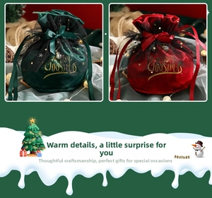 Detail of velvet Christmas drawstring bags with gold stars mesh, bells and ribbon bows