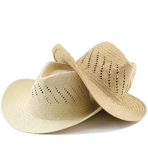 Hollow out cowboy straw hat set in ivory and tan with breathable hand-woven fiber texture