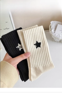 Detailed close-up of ribbed cotton socks with star embroidery and lettered pattern