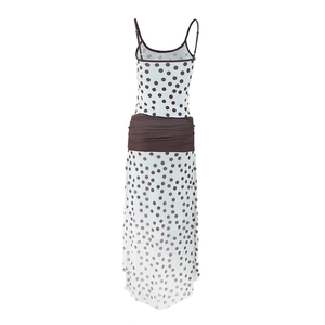Detail of polka dot crop top and maxi skirt set with brown wide waist cincher fabric