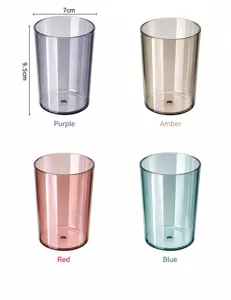 Detail showing four translucent plastic mouthwash cups in purple, amber, red, and blue