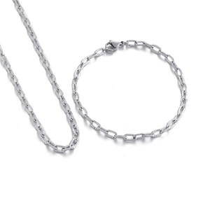 Silver hammered texture chain necklace and bracelet set with engraved oval links