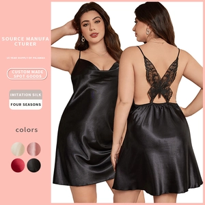 Plus Size Women Nightgown Imitation Satin Satin Cowl Neck Backless Sexy Sleepwear Butterfly Lace Embroidery Slip Dress