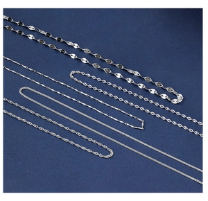 Detail view showing variety of 925 silver necklace chain styles on a navy background