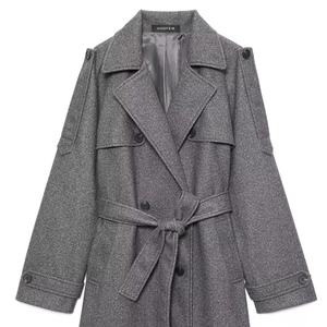 Elegant dark grey wool blend overcoat with waist belt and double-breasted buttons