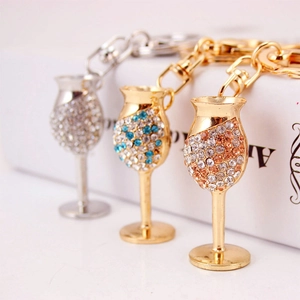 Creative rhinestone wine glass keychain in gold and silver plating with lobster clasp