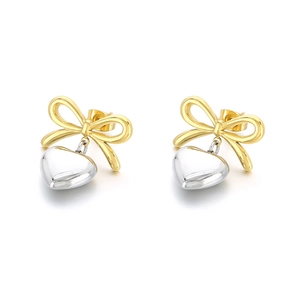 Elegant gold bow earrings with silver heart pendants in luxury two-tone stainless steel