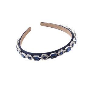 Elegant thin headband with dark blue crystals and micro-inlaid white rhinestones