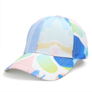 Detail shot of multi-color abstract art print on a structured canvas baseball cap