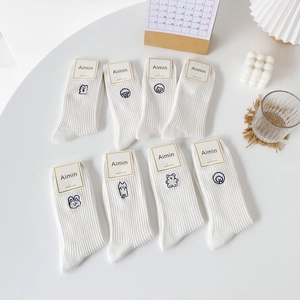 Combed Cotton Crew Socks With Cartoon Embroidery Ribbed Knit Cute Japanese Style For Women