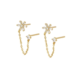 Korean Style S925 Sterling Silver Earring Post Zirconia Flower Double Piercing Chain Stud Earrings For Women Niche Design Fashion Jewelry