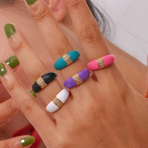 Set of five gold plated stainless steel dome rings with colorful enamel and crystals