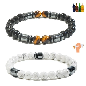 Men Beaded Bracelet Obsidian Tiger Eye White Turquoise Hematite Natural Stone Magnetic Elastic Round Beads Cross Charm