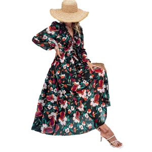 Robe maxi fleurie à col en V avec manches longues et découpes latérales sur blanc