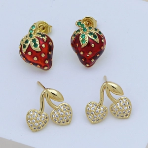 Sweet strawberry and cherry enamel earrings set with gold plating and sparkling crystals