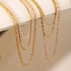 Elegant 18K gold-plated multi-layer stainless steel necklace with pearl beads accents