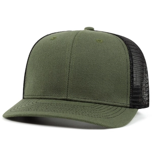 Detailed view of army green and black mesh trucker hat with durable reinforced stitching