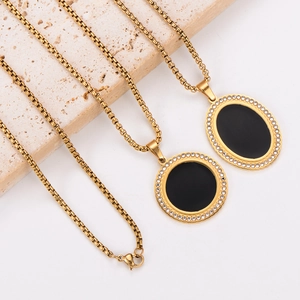 18k gold plated stainless steel necklace with black round diamond pendant