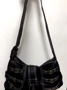 Y2K style black PU leather tote bag with white stitching and decorative buckle straps