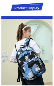 Detail view of the blue camo backpack featuring multiple zipper pockets and Sport logo