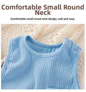 Detail of baby sleeveless romper showing light blue ribbed fabric and shoulder snaps